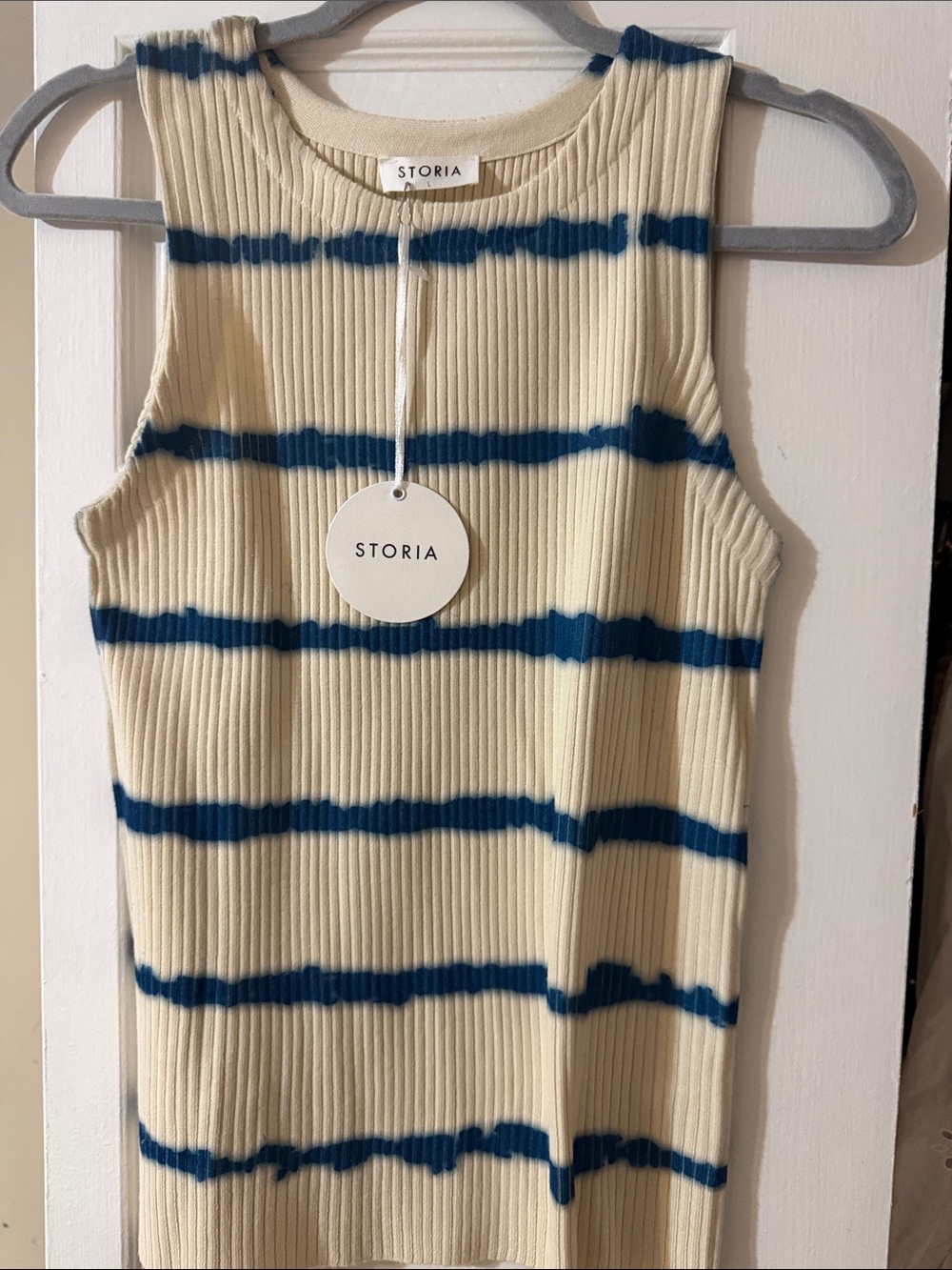 Storia Cream Ribbed Tank with Blue Stripes
